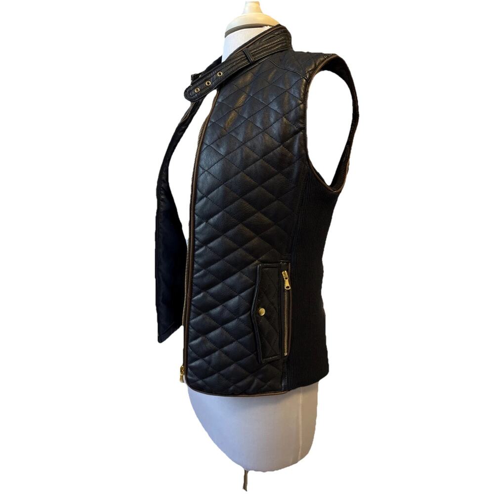 Fate‎ Women's S Quilted Navy Blue Faux Leather Sleeveless Moto Vest Stretch Chic